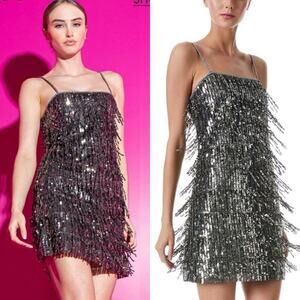 Alice + Olivia Chicago Sequin Fringe Mini Dress Gunmetal Silver/Gray Size US 4